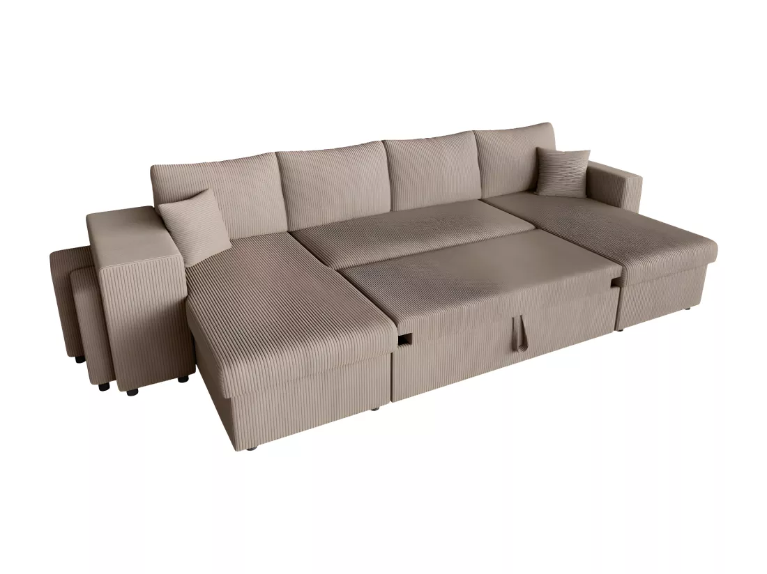 Canapé panoramique Oslo convertible avec 2 coffres, 2 poufs à gauche en velours côtelé taupe - L311 x P146 x H81cm - Loungitude
