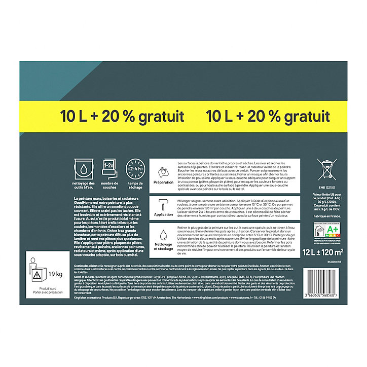 Peinture murs, boiseries et radiateurs haute résistance blanc mat GoodHome 10L + 20% gratuit