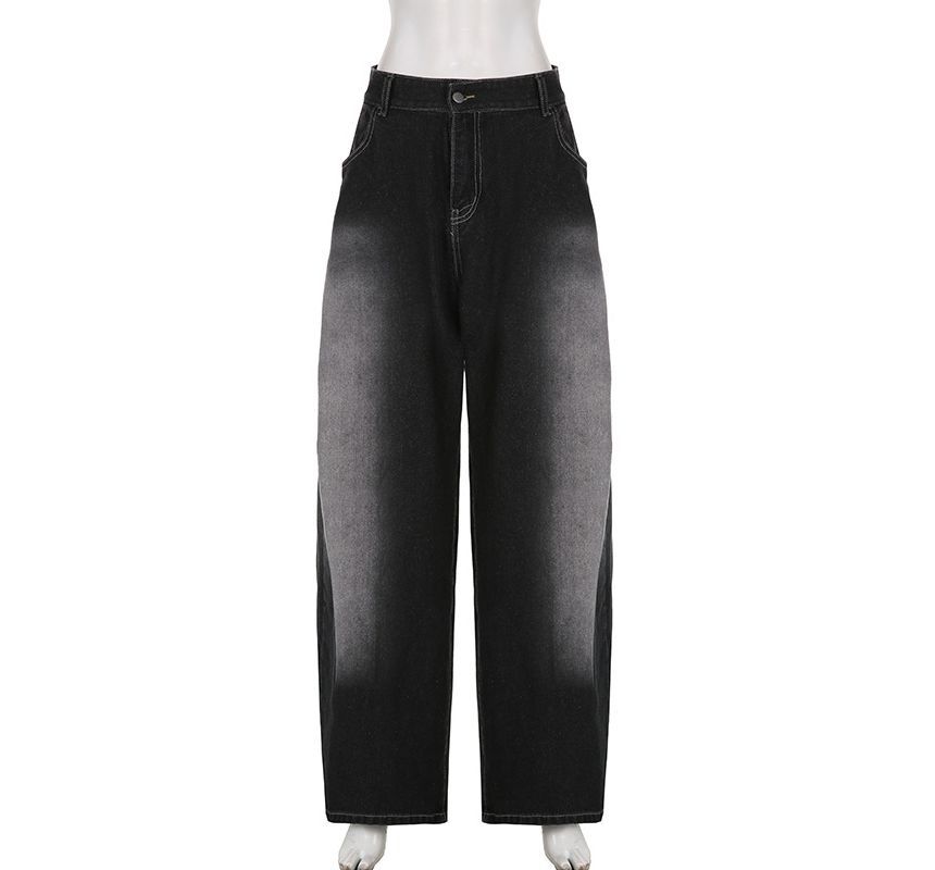 Genrovia - Mid Waist Washed Wide Leg Jeans