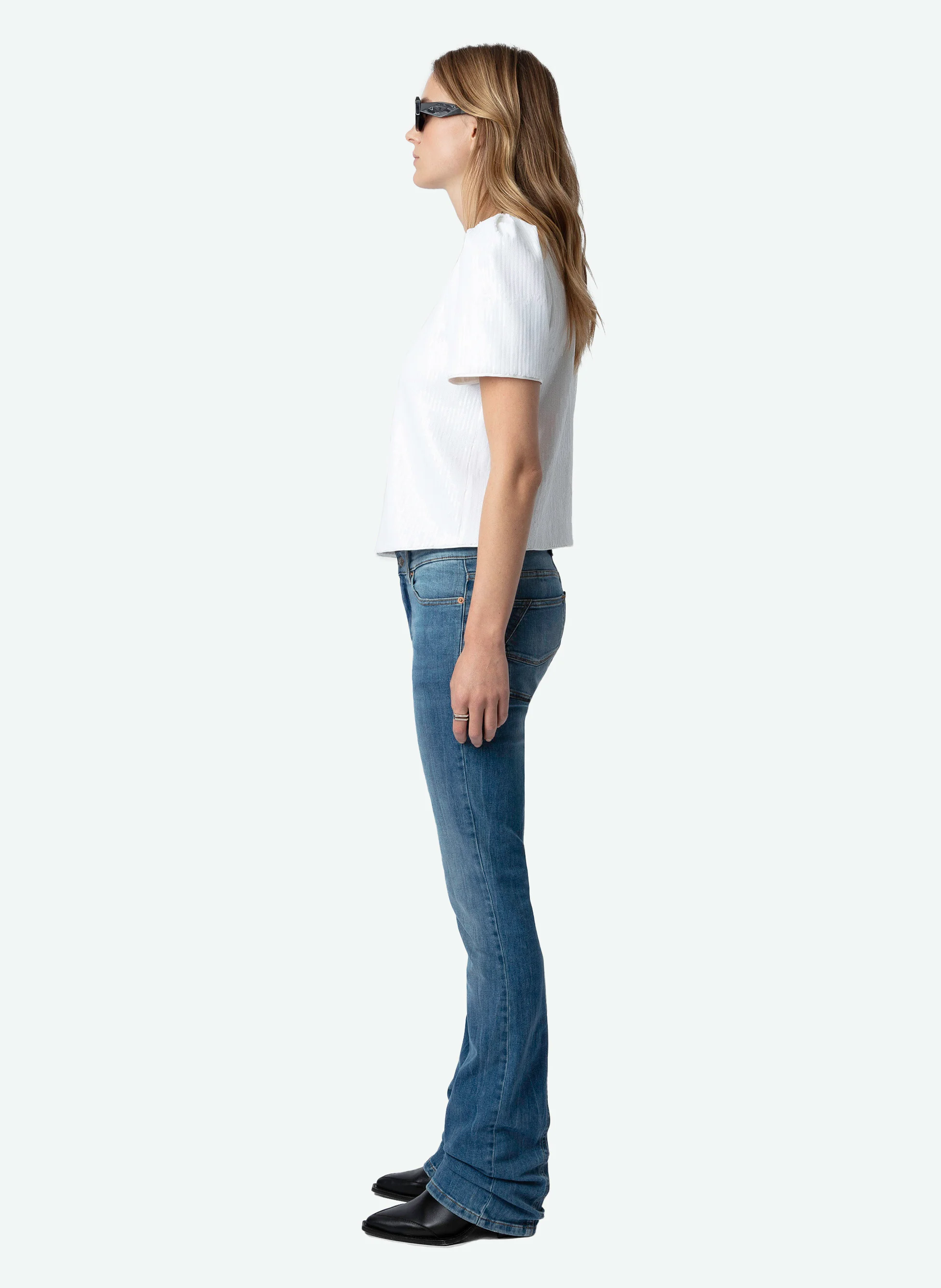 TCHAO - Top col rond à rayures sequins en coton stretch| Blanc