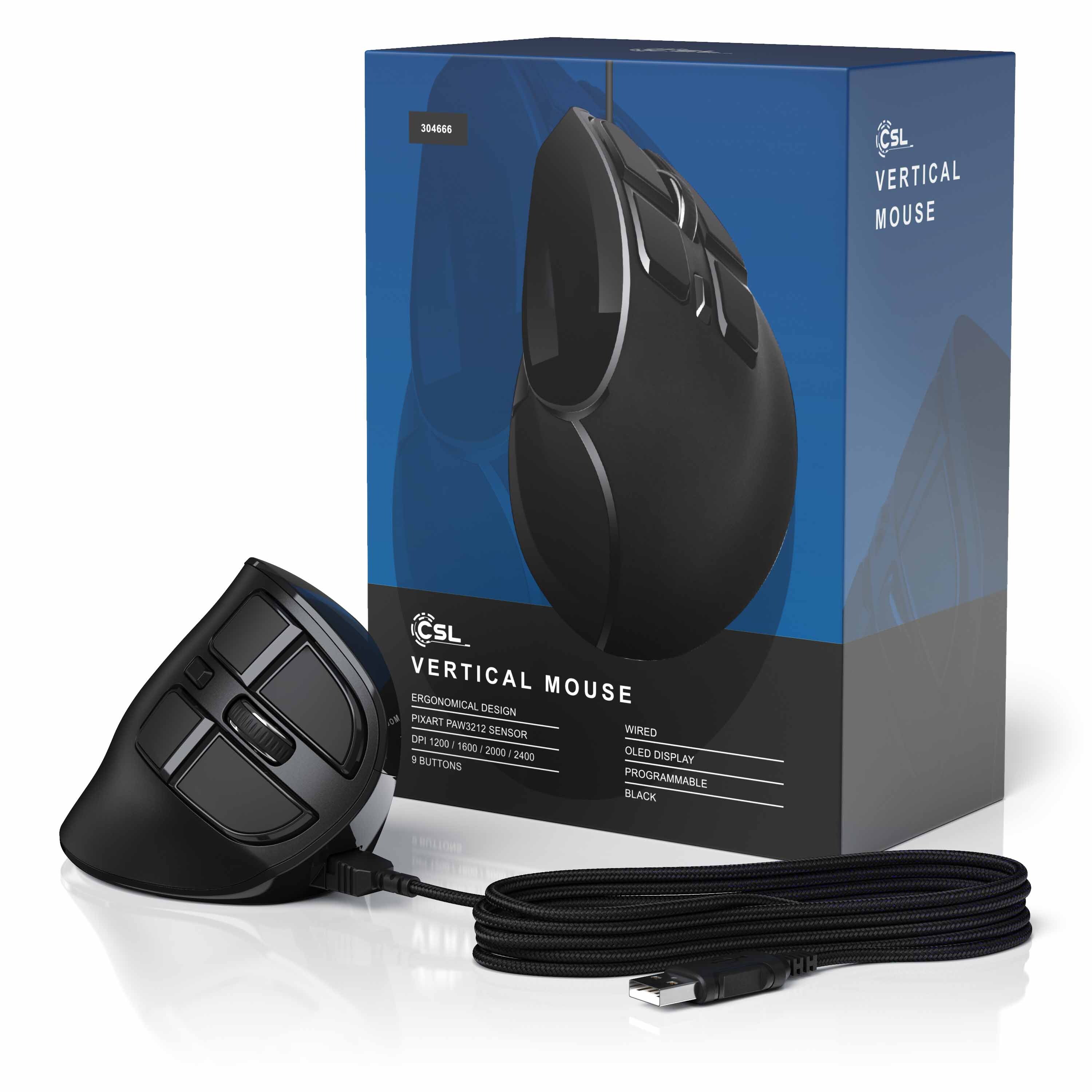 CSL ergonomische Maus kabelgebunden, 125 dpi, Vertikal Maus mit OLED-Display Konfigurierbare Tasten