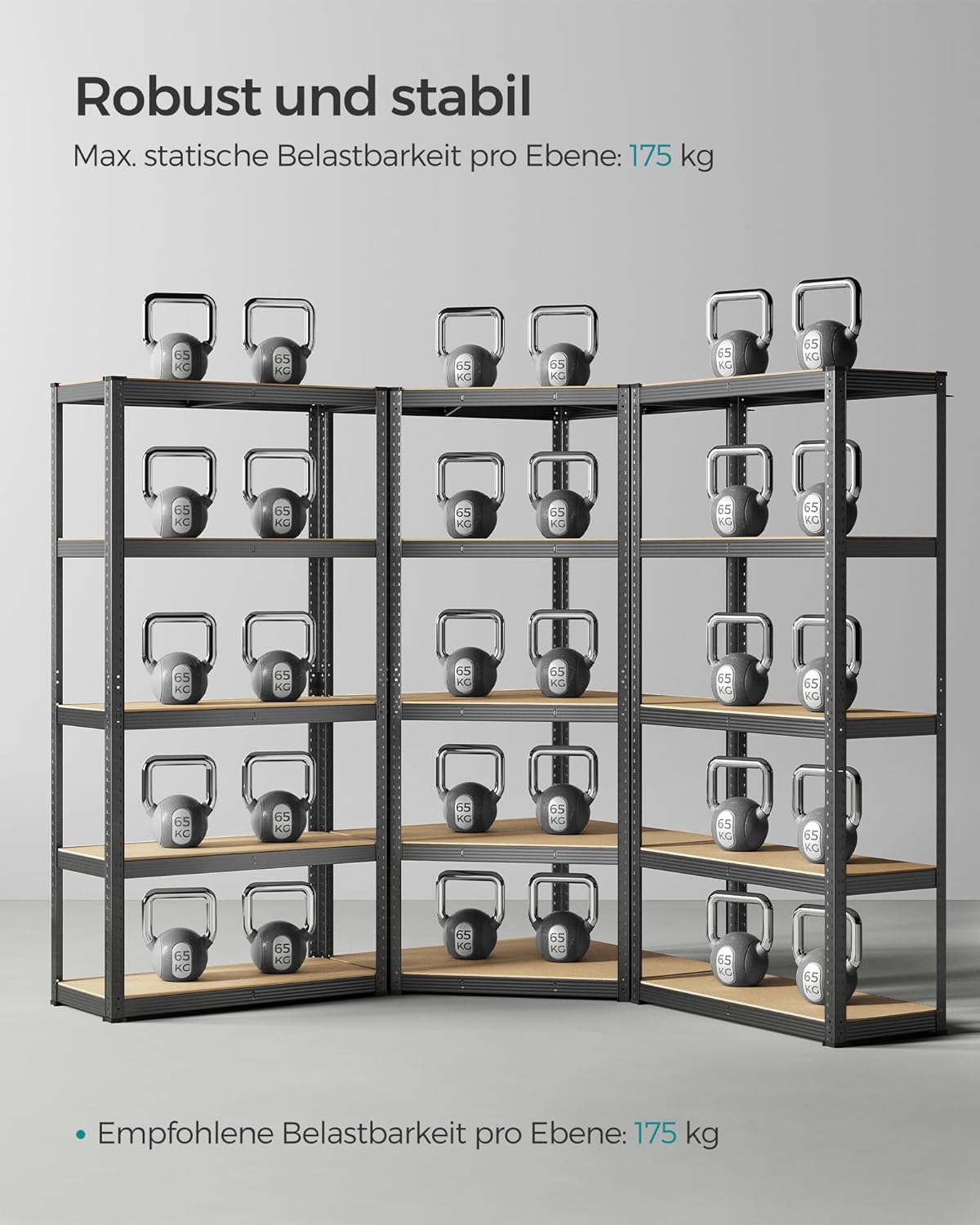 SONGMICS Eckregal-Set 5 Ebenen, Schwerlastregal, Metall, Lagerregal für Garage, Abstellraum, Kellerregal, bis 2625 kg belastbar, tintenschwarz-naturbeige GLR070B03