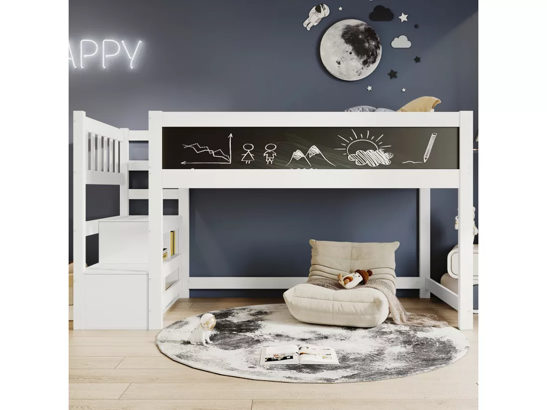 Lit mezzanine enfant 90x200cm avec escalier de rangement et tableaux - Pin de certification EN747 - Blanc