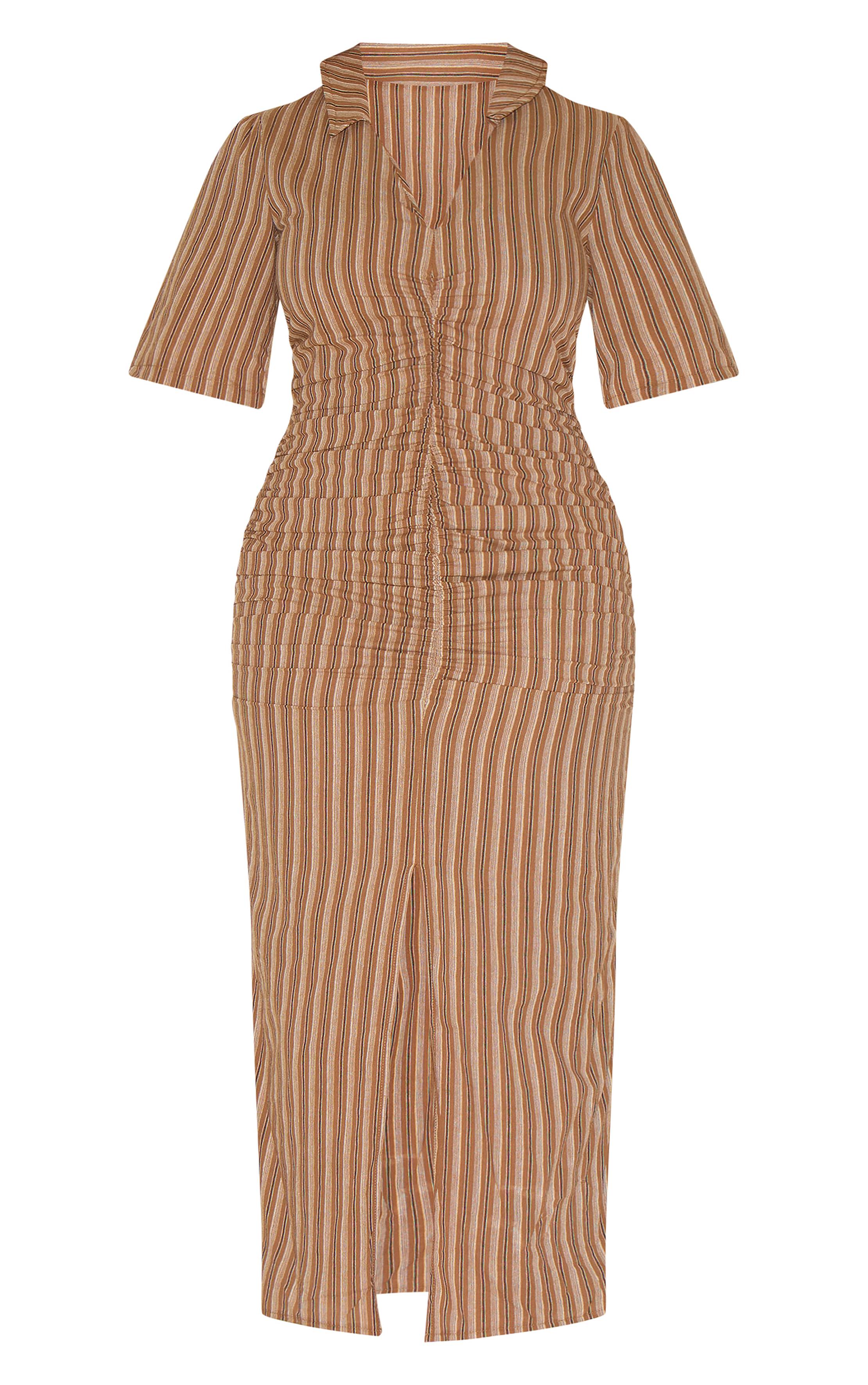 Marron Robe Maxi Shape À Rayures Avec Fronces Devant Col Et Fente Frontale