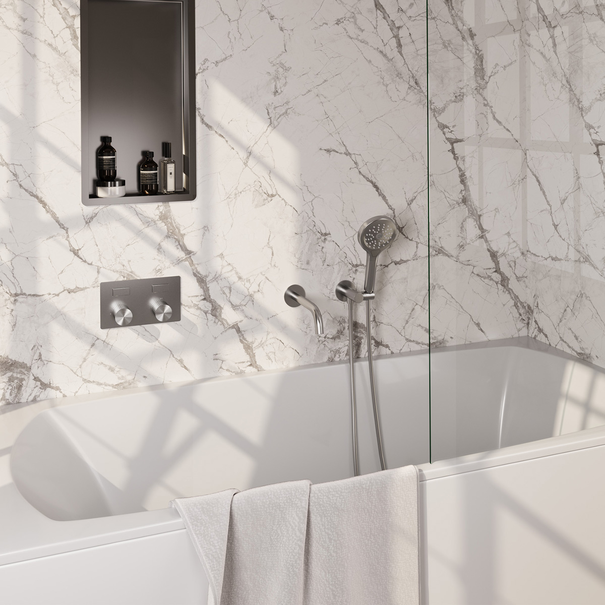 Brauer Stripe inbouw badkraan met drukknoppen en 3 standen handdouche RVS geborsteld PVD