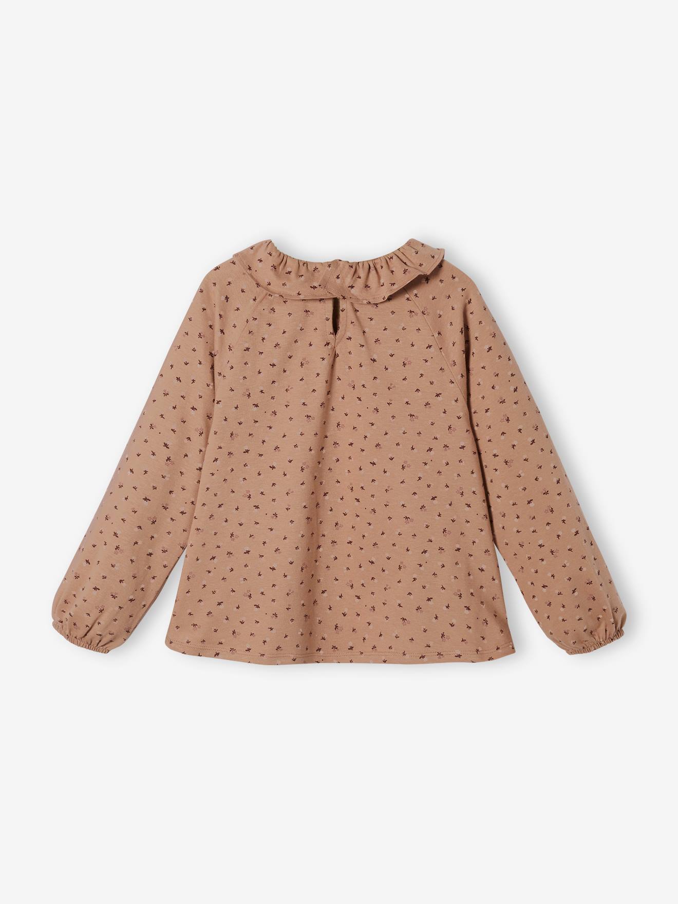 Blusa camiseta com babados e estampa floral, rosa escuro, para meninas.