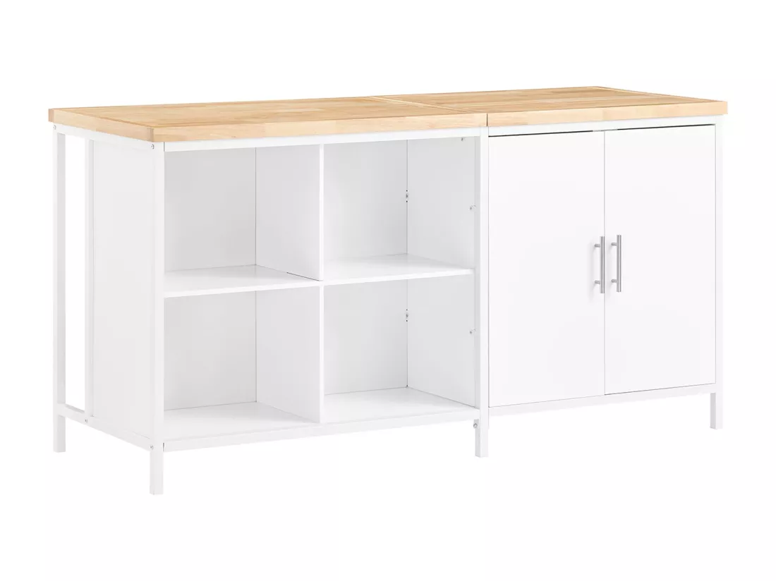 SoBuy îlot Central de Cuisine avec Plan de Travail en Bois d'hévéa, Desserte de Cuisine, Placard de Cuisine avec 2 Portes, 4 Cubes Compartiments, 170x60x89 cm, Blanc KNL09-WN