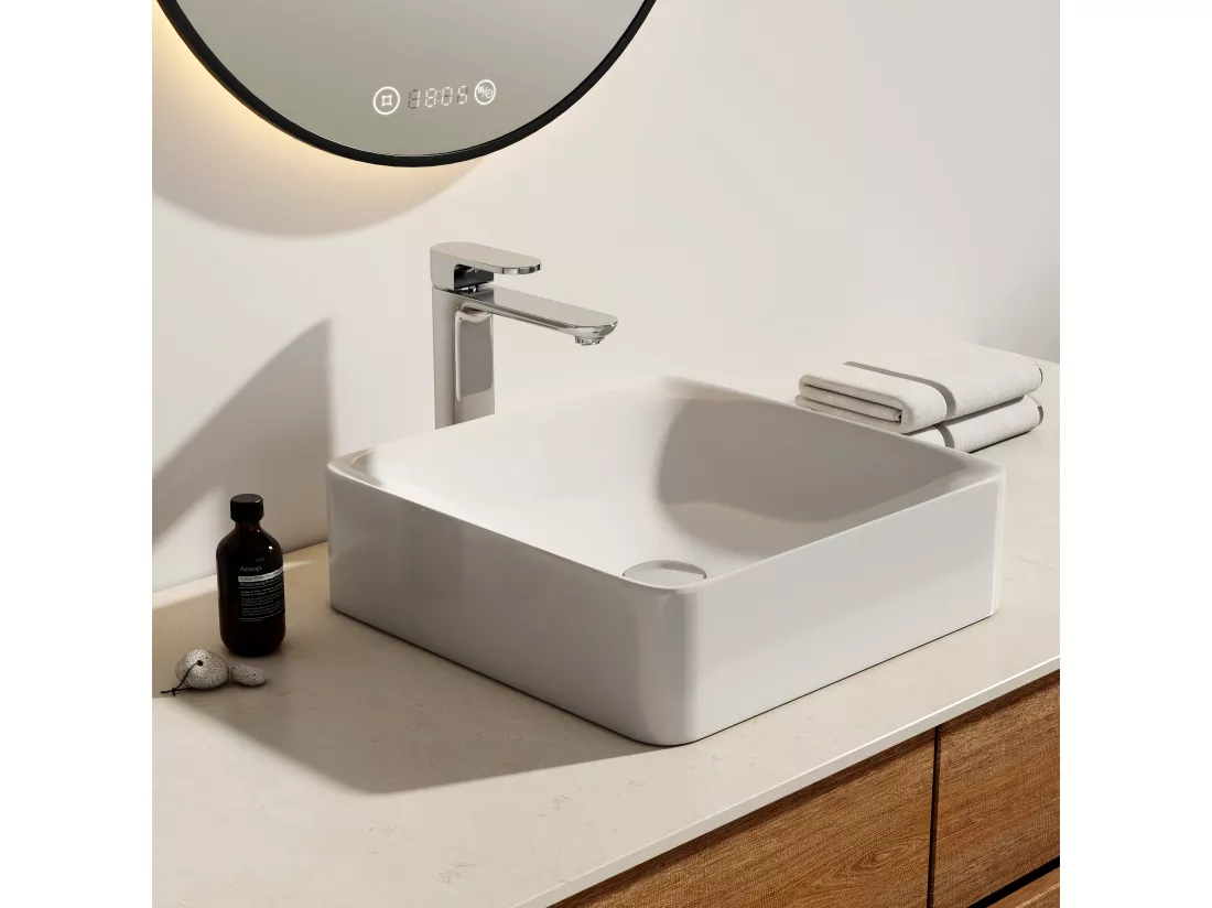 EMKE Vasque à Poser en céramique 40,5×40,5×12cm, Lavabo salle de bain carré, Lavabo à poser blanc brillant