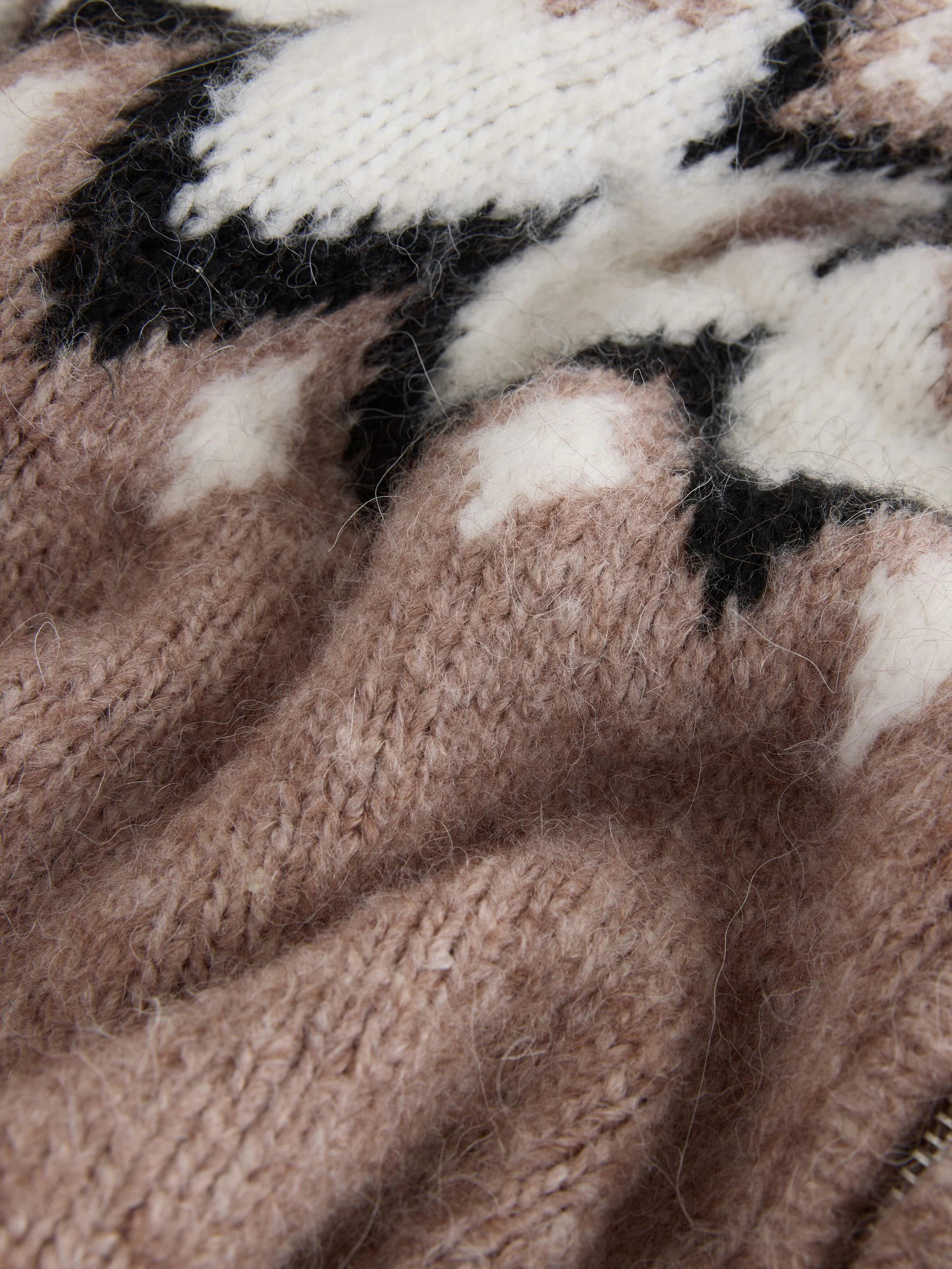 Taupe - Nothing Ordinary Check Fairisle Pattern Knit Zip Through Jumper With Wool