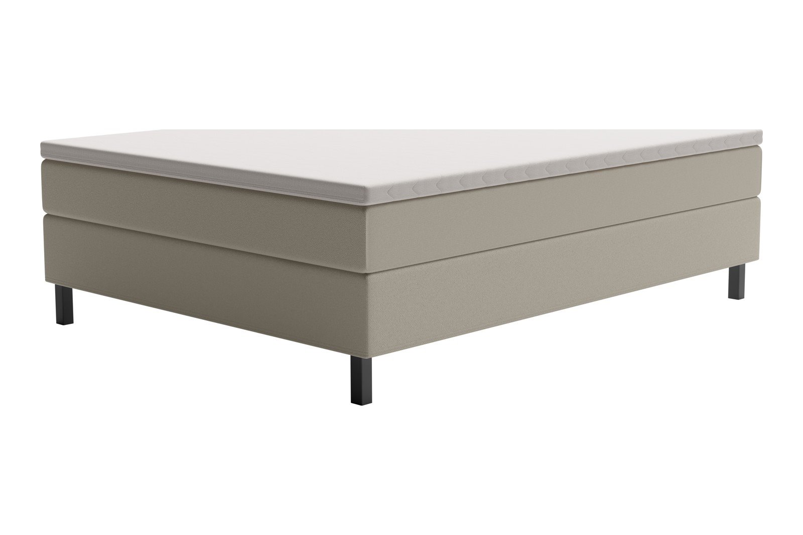 XOV Relax kontinentalseng 180x200 cm I tekstil Bjorn 24 beige, medium/fast, sorte ben og 7cm hypersoft overmadrass, sengegavl selges separat.