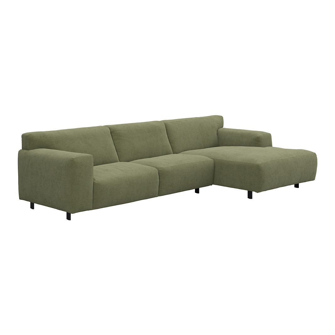 Vesta 2,5-seter med sjeselong høyre I Tekstil Velvety Green, standardsøm, sort metallben 10 cm, Comfort CM