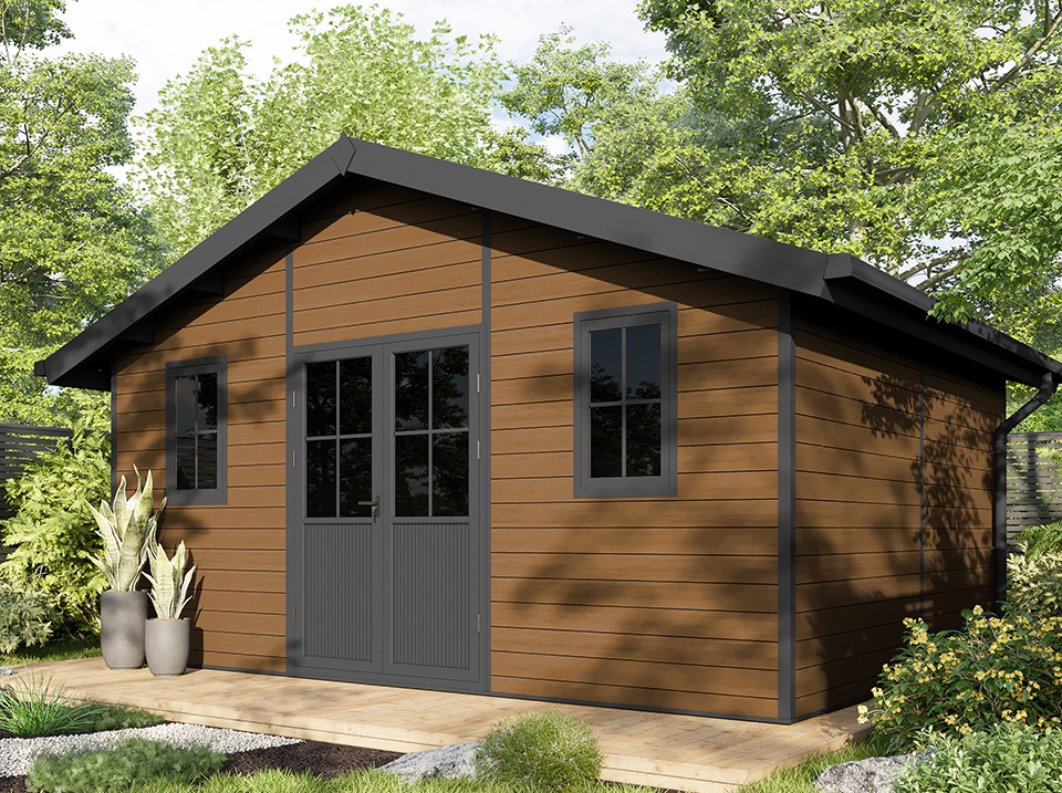 Abri de jardin composite braga - 20m2 brun - epaisseur des madriers : 28mm - cabane atelier / abri velo - menuiseries en aluminium