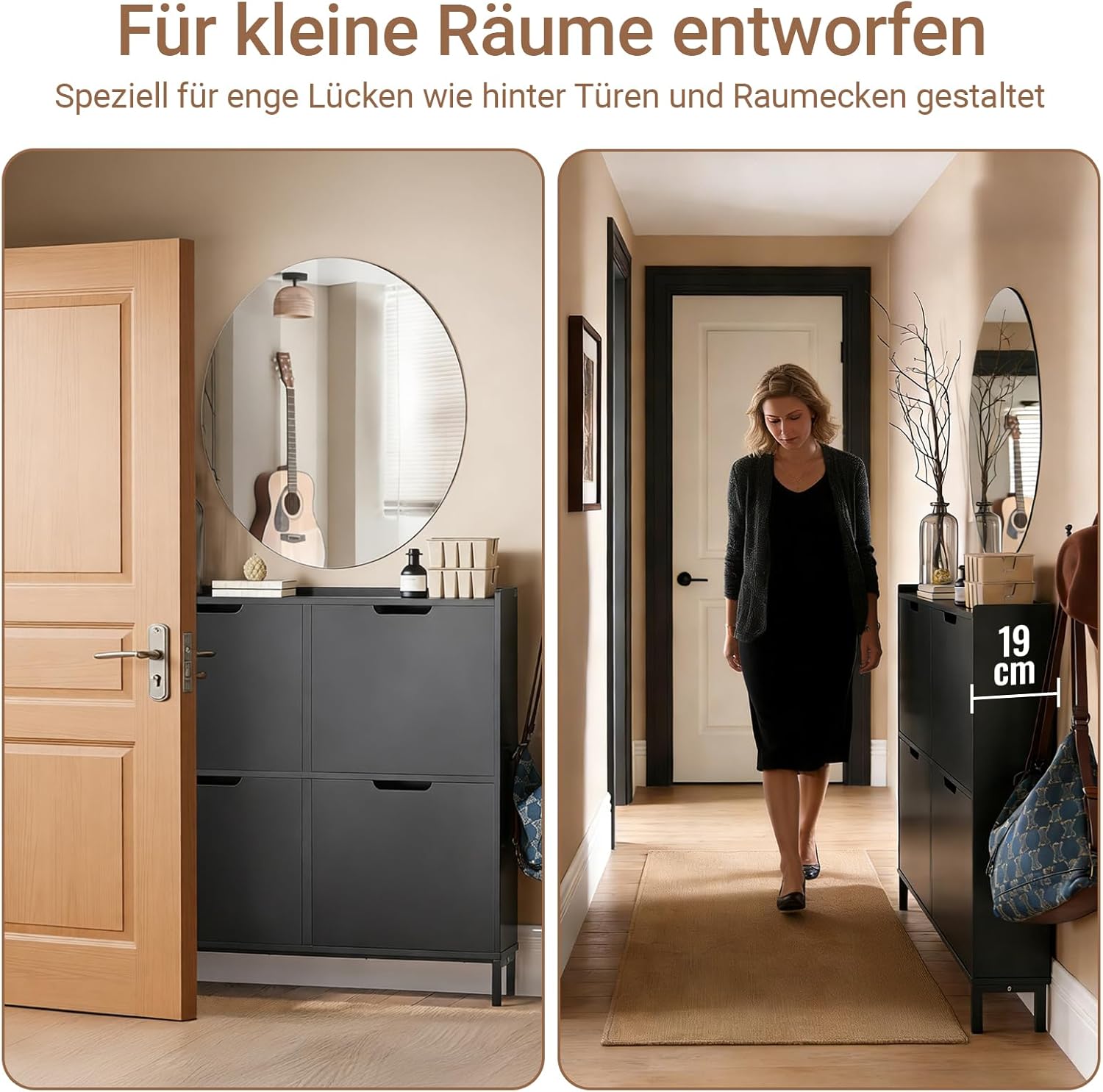 SoBuy Schuhschrank Schmal mit 4 Klappen platzsparender Schuhkipper Hoch Kommode mit 4 Ablagen Schuhregal geschlossen Flurschrank für Diele, Flur, Garderobe 100x91x19cm Schwarz FSR100-SCH