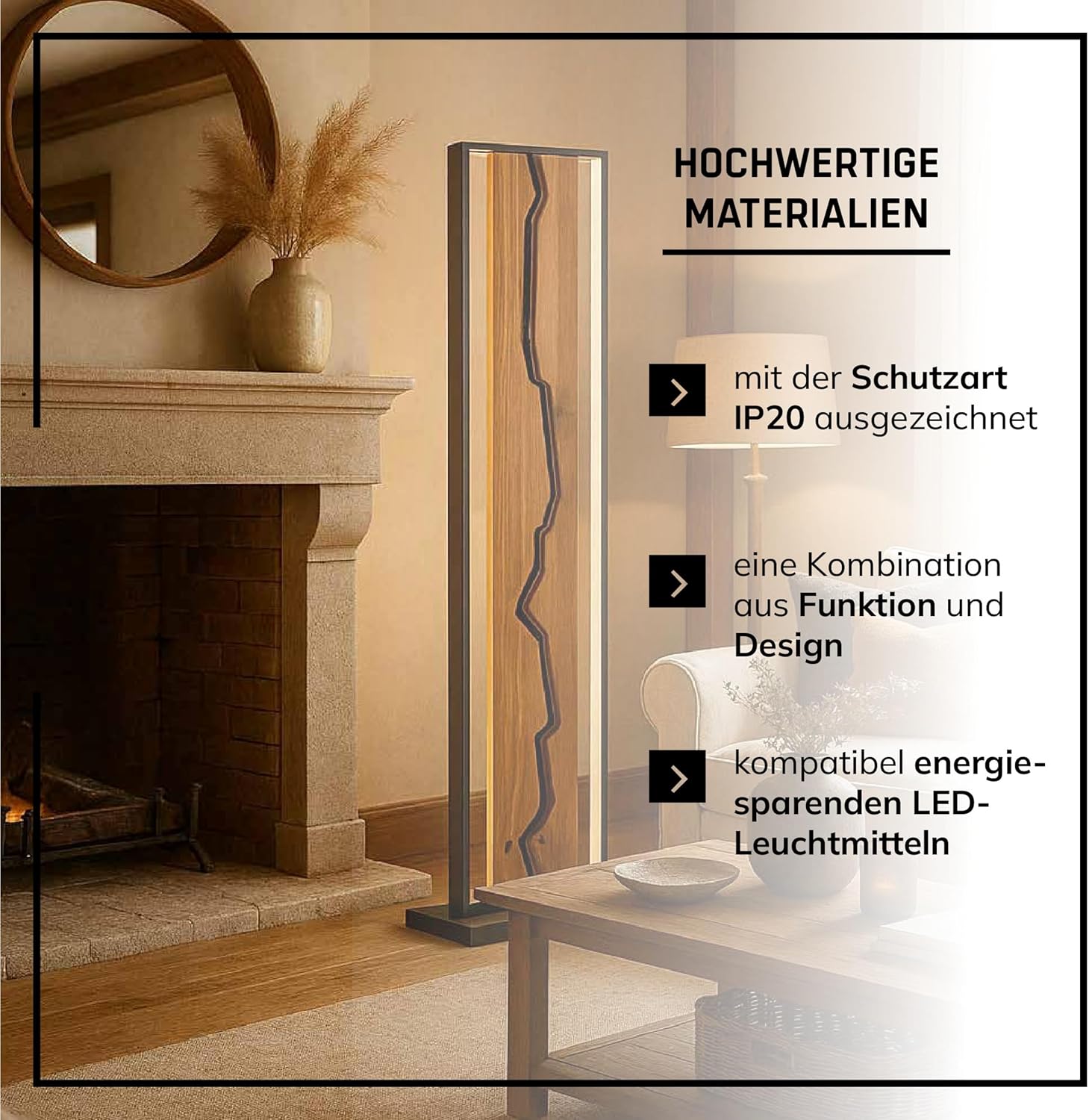 Lightbox LED Stehlampe - Standleuchte mit rustikalem Holzbalken & Fußschalter - Lichtfarbe: 3000 K & Helligkeit: 2300 lm - 120 cm Höhe & 33 cm Länge - aus Aluminium/Metall/Holz in Schwarz/Holz