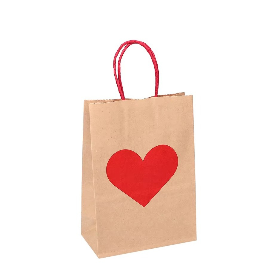 (25er Set) 21x15cm Kraftpapier Tüten Geschenktasche Candy Gift Bags Herz Papiertüten - Braun / Rot