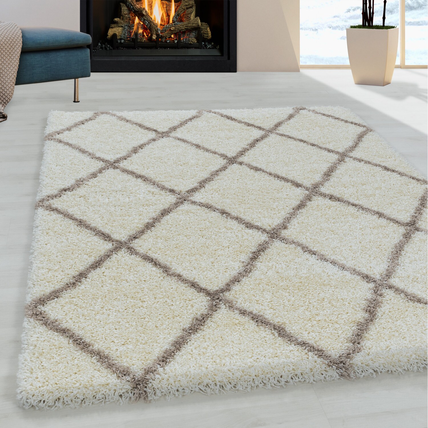 Moderner Hochflor Teppich, Skandinavischer Stil mit Rautenmuster, Shaggy Teppich
