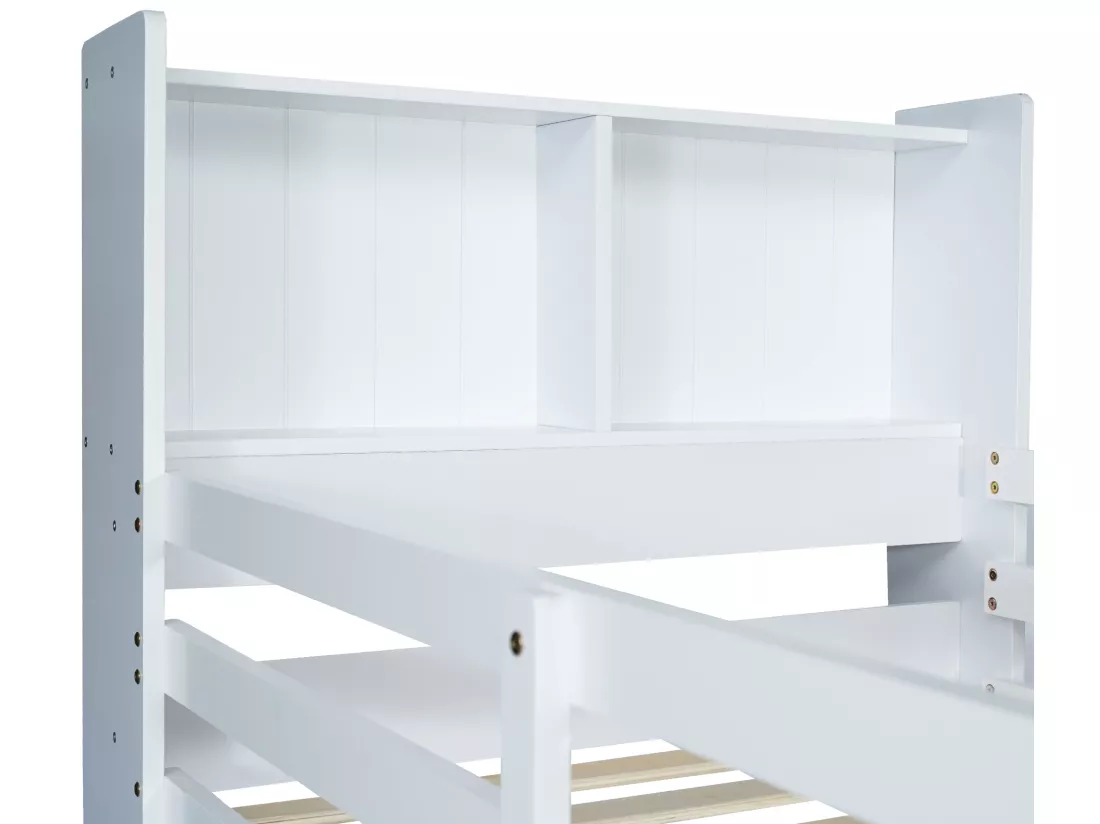 Lit superposé avec compartiments et échelle - cadre en pin - 90x200cm - blanc