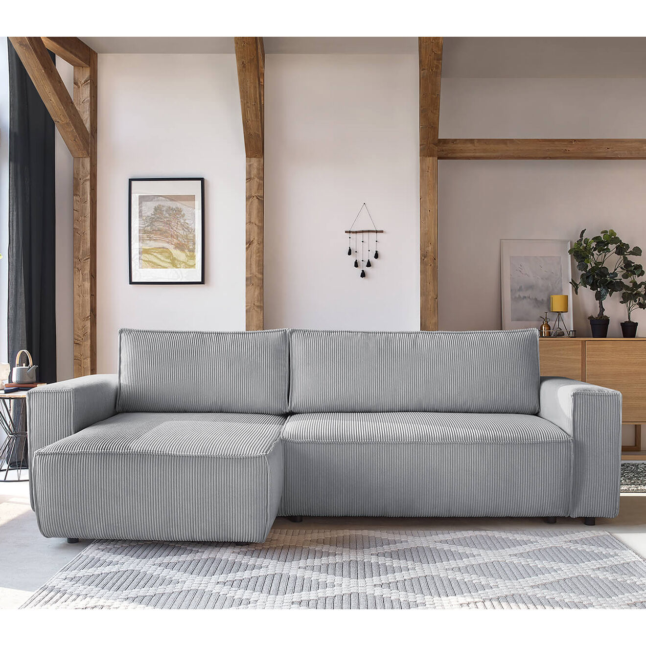 Bobochic Canapé d'angle convertible reversible Nihad en velours côtelé gris clair - 282x153 cm