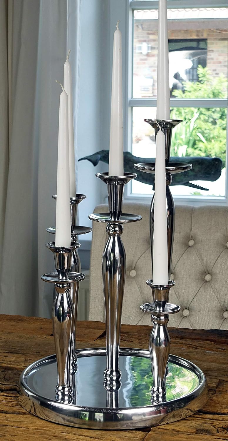 MichaelNoll Kerzenständer Kerzenhalter 5-Armig Aluminium Silber Poliert - Kerzenleuchter Groß auf Tablett - Deko Dekoration Modern Wohnzimmer - XL 31x31x44 cm
