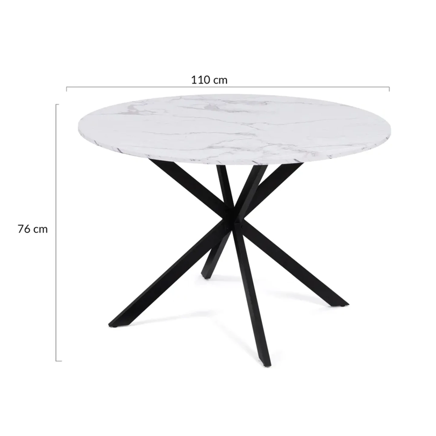 Table à manger ronde ALIX 6 personnes pied araignée noir et plateau effet marbre blanc ALASKA 110 cm