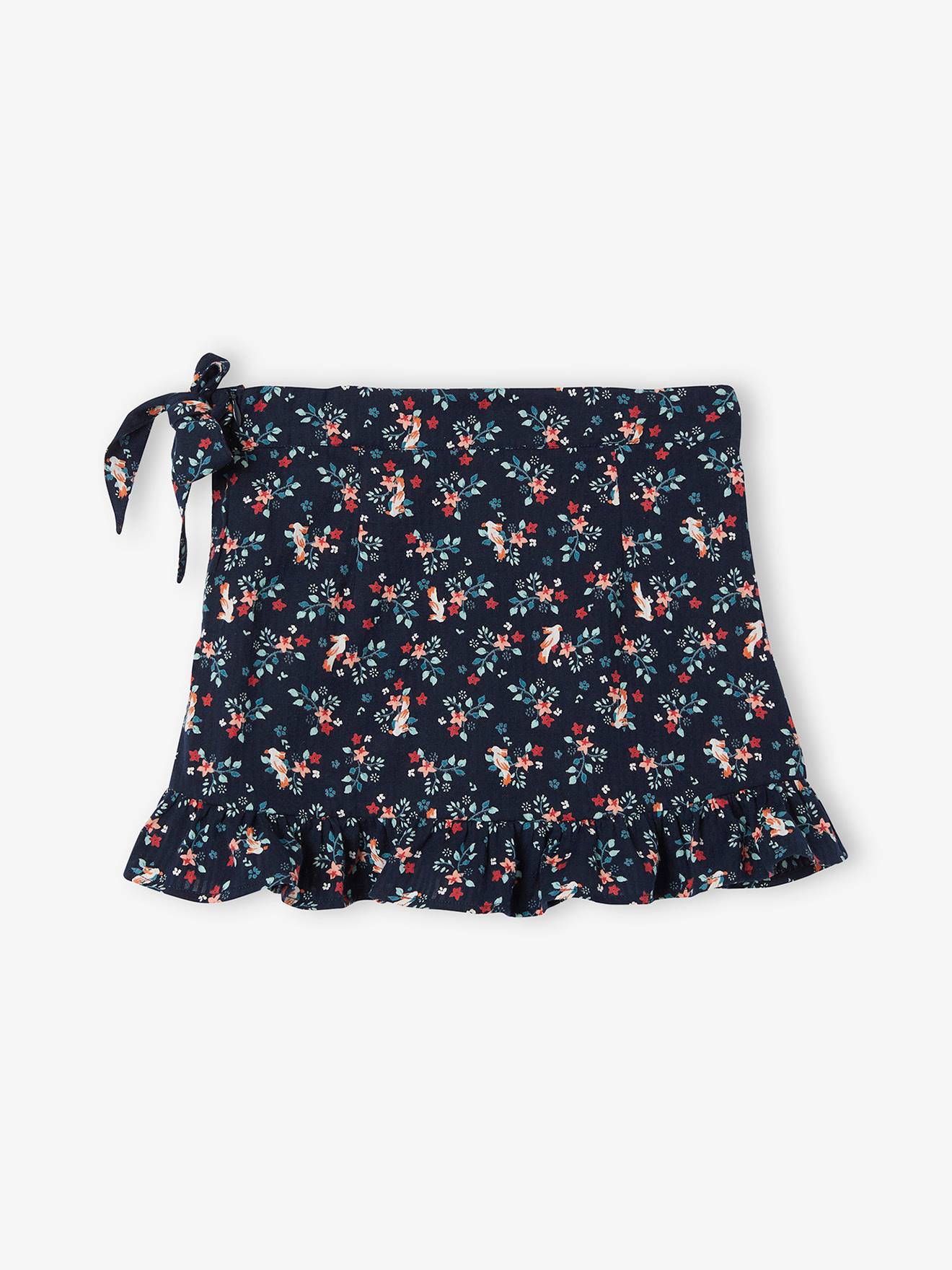 Saia envelope com babados e estampa, para meninas, estampa azul escura