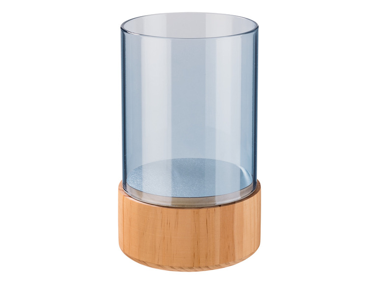 Glazen windlicht met houten voet