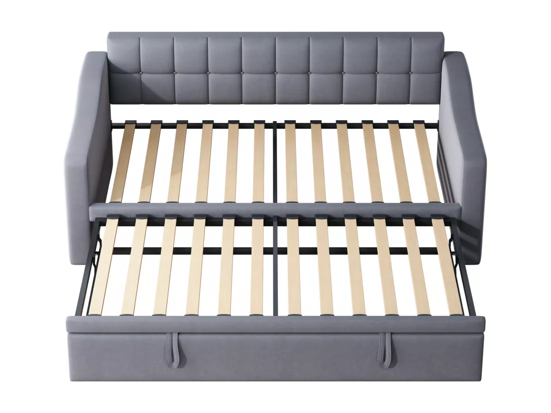 Canapé-lit capitonné 90/180x190 cm - Velours - Avec sommier - Avec housse de rangement - Gris (sans matelas)