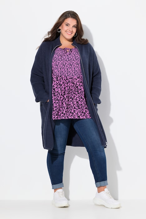 Long-Strickjacke, Oversized, Stehkragen, Rippstrick