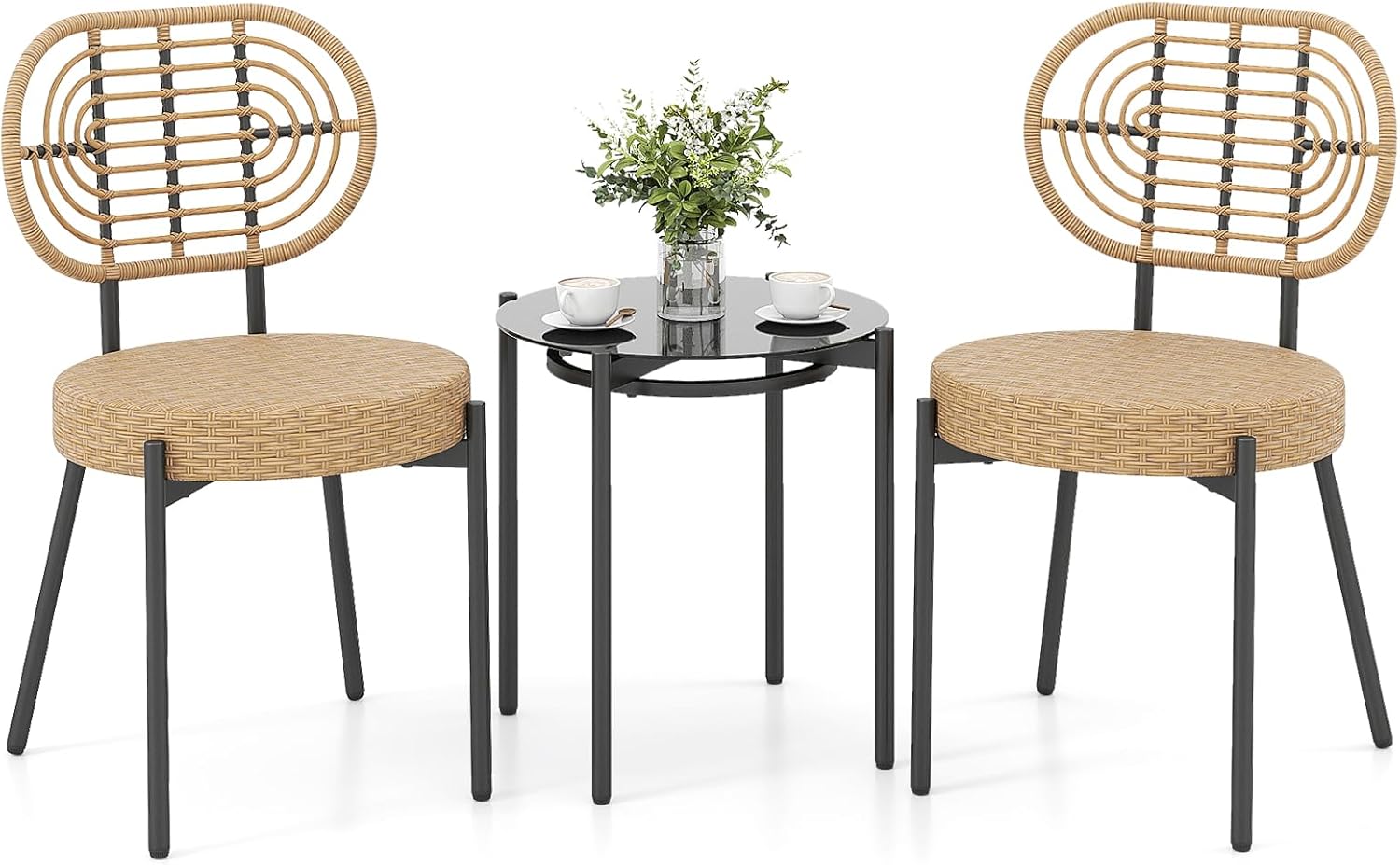 COSTWAY Rattan Gartenmöbel Set, Balkonmöbel Kleiner Balkon, 3-TLG. Balkonset mit 2 Stühle und 1 Tisch, Terrassenmöbel, Gartengarnitur für 2 Personen, Sitzgruppe für Garten, Terrasse