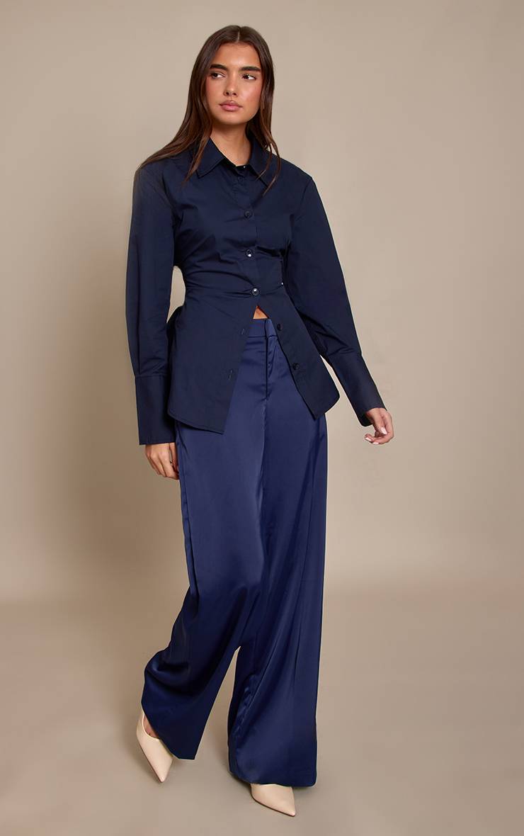 Bleu Marine Pantalon Large En Satin À Détails Ajustés
