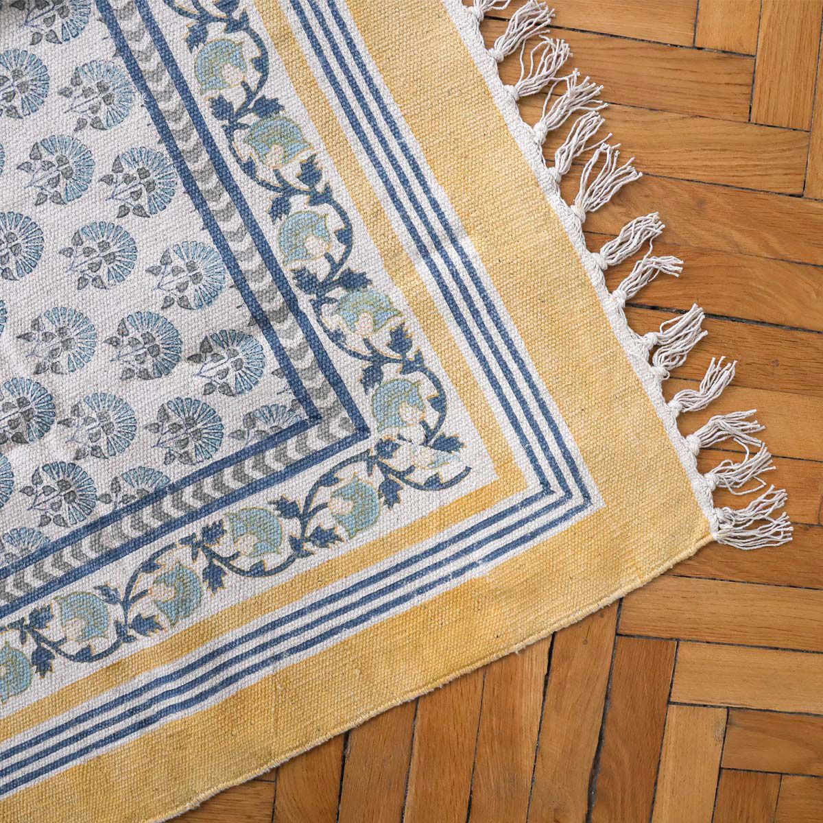 Tapis blockprint fleur bleue 120X180 Pondie Chérie
