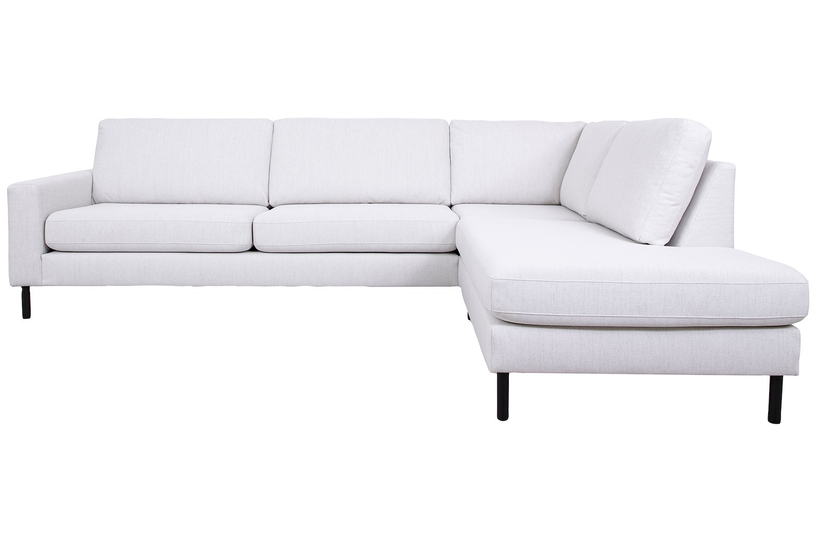 Pixel hjørnesofa 3-seter med åpen ende høyre. Tekstil Neve 02 offwhite. Høy front, W31 sortlakkert ben og arm A15. Komfort 1.