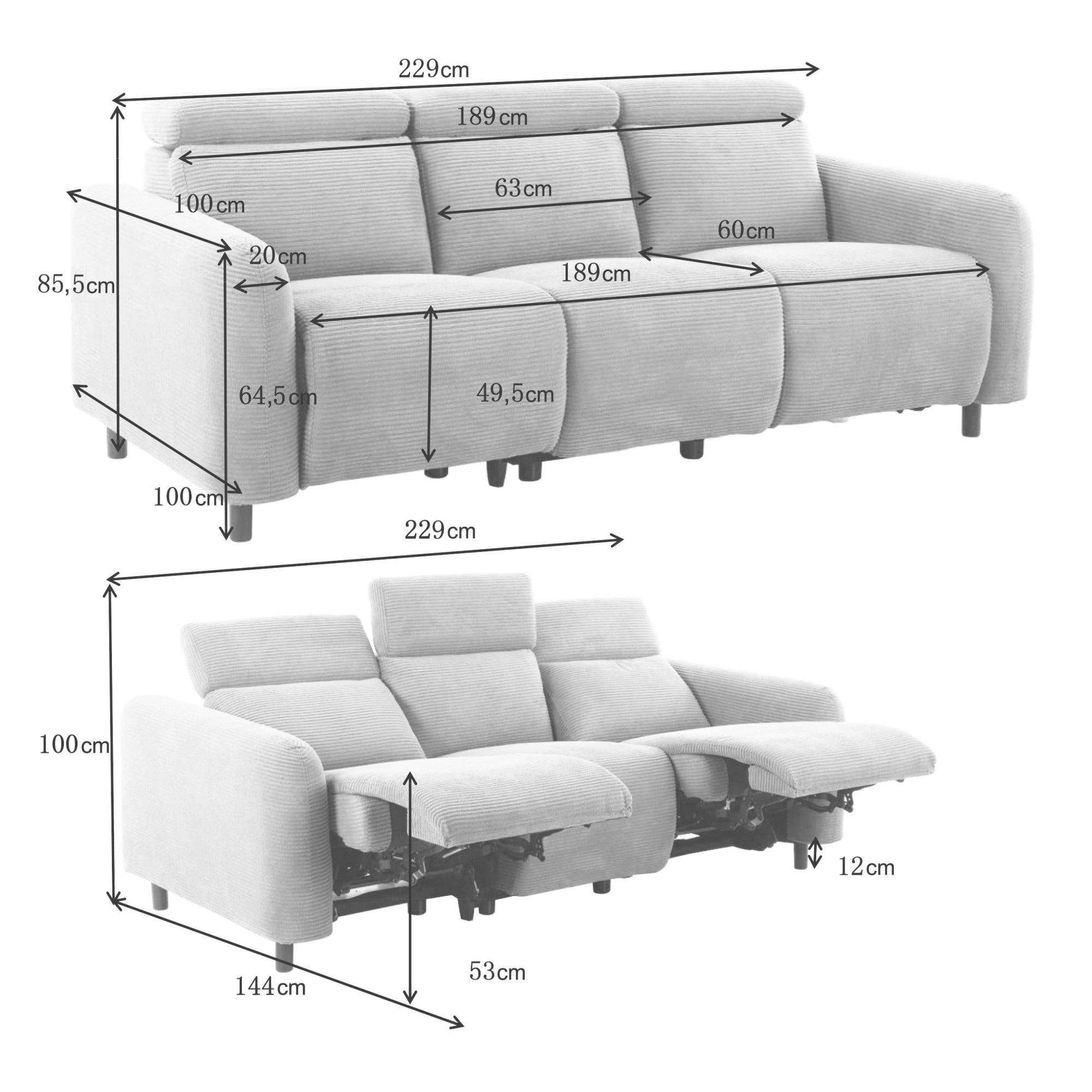 Home affaire 3-Sitzer »SKAANE in Cord, Sofa mit manueller u. elektrischer Relaxfunktion« Relax-Funktion in 2 Sitzen, Kopfteilverstellung, Federkernpolsterung