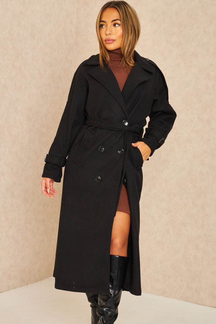 Manteau long duveteux style trench noir