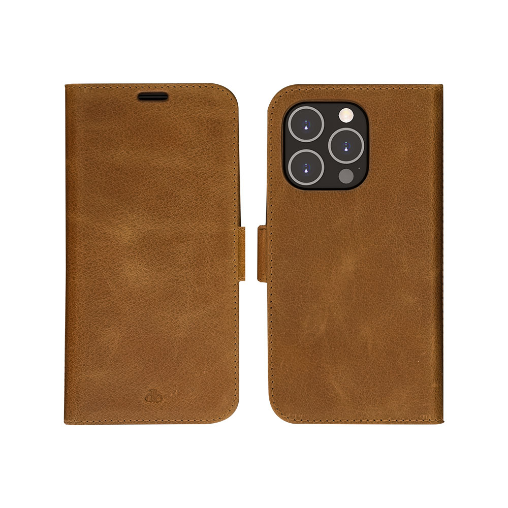 iPhone 14 Pro 2in1 Wallet Case Echtleder Tasche mit RFID Schutz Lynge (LY61GT001636) - Tan