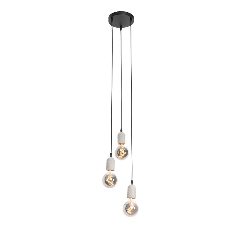 Industriële hanglamp zwart met beton rond 3-lichts - Pedra