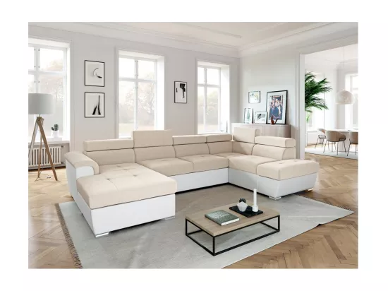 Canapé panoramique PAOLA convertible 2 coffres en tissu Easy Clean antitache et simili- Beige/Blanc