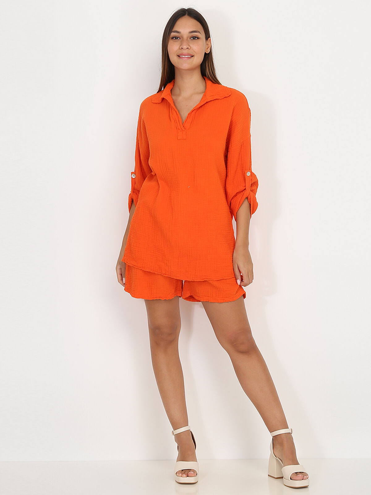 Ensemble blouse et short texturés- orange