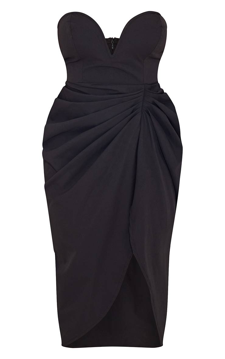 Noir Robe Midi Bandeau En Tissu Tissé Avec Barre En V Et Drapé Froncé À La Hanche