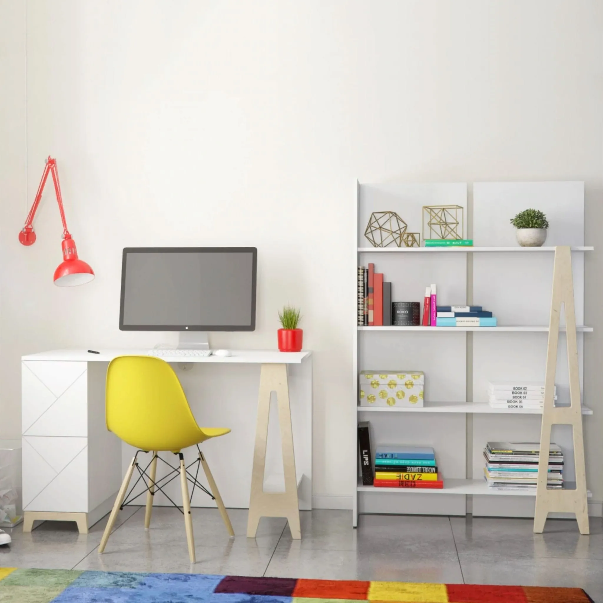 Nexera Ensemble Bureau et Bibliothèque Atypik - Blanc  Contreplaqué de Merisier