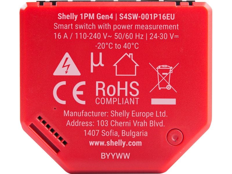 Shelly WLAN-Schaltaktor 1PM Gen4 Rot, 16 A Wi-Fi-gesteuerter, intelligenter Schalter