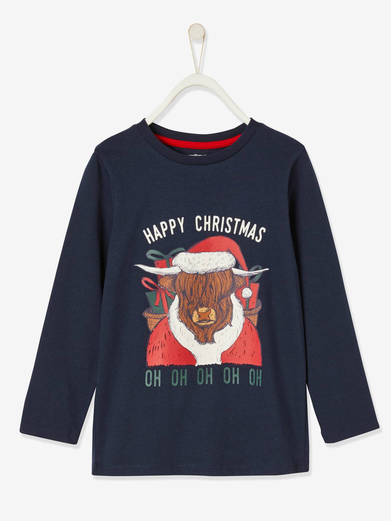 Camiseta natalina com estampa divertida de animais, para meninos, azul-escura lisa com desenhos.