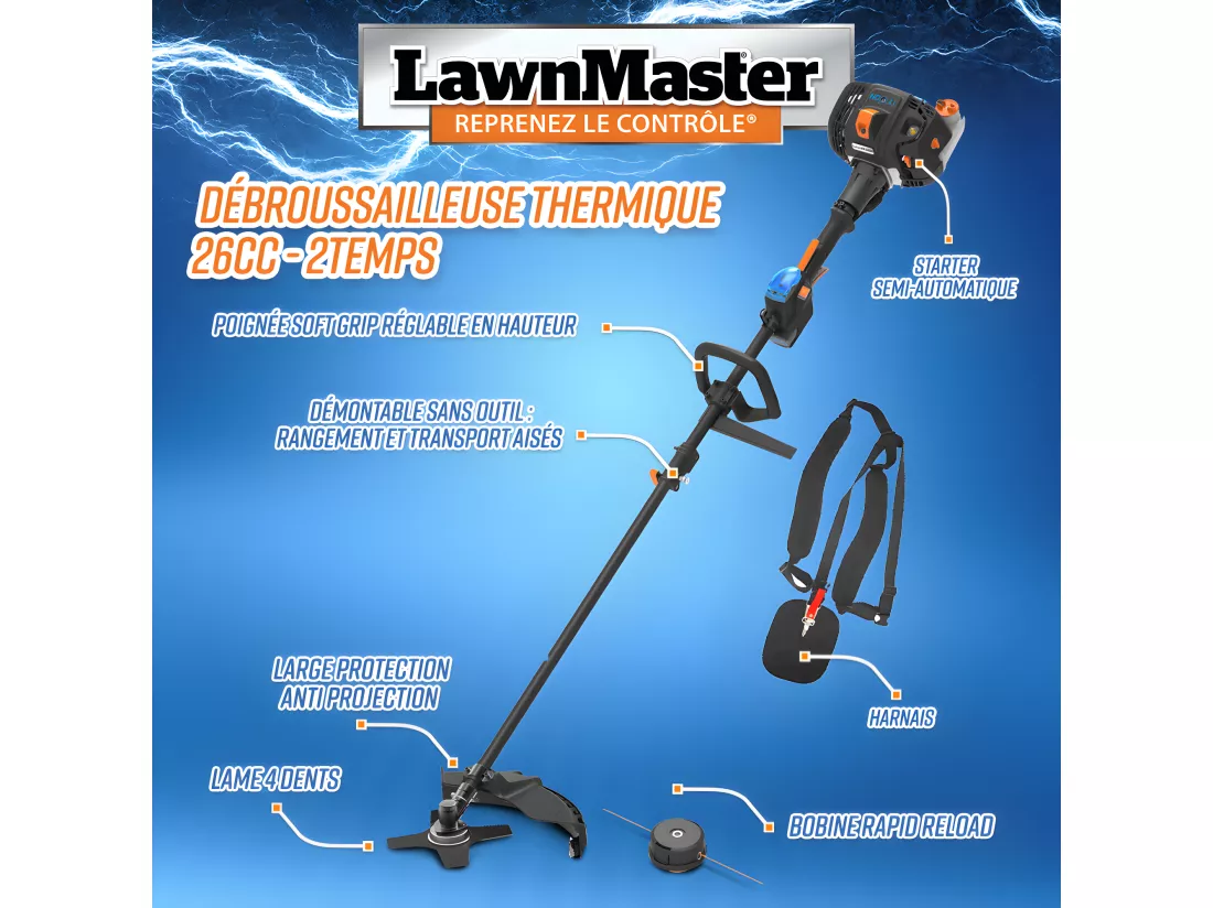 Débroussailleuse thermique 26cc avec démarrage électrique - Lawnmaster