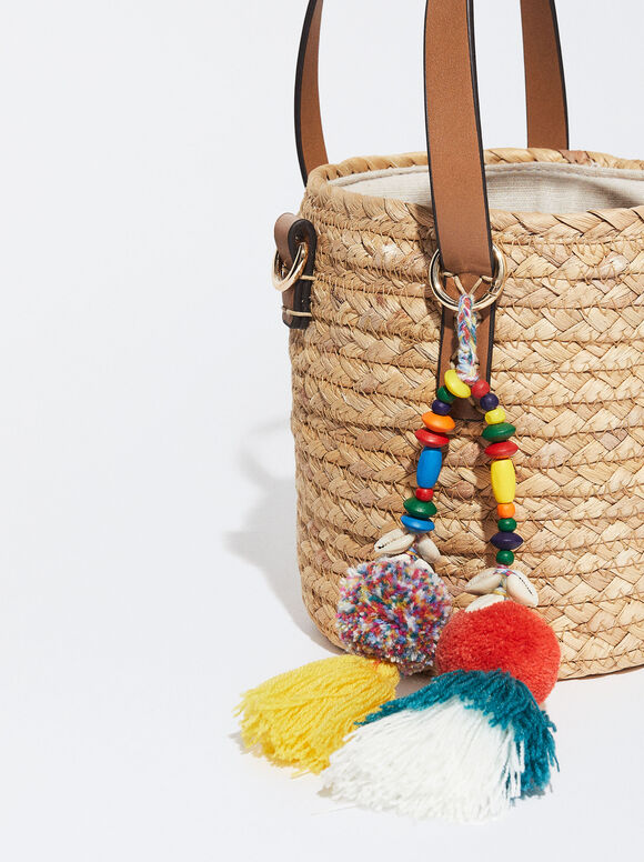 Sacola de compras com pompons de palha - Bege