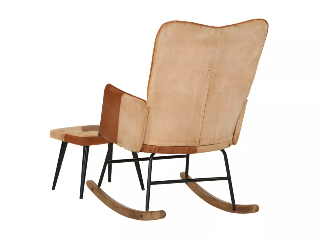 Chaise à bascule et repose-pieds Marron Cuir véritable et toile