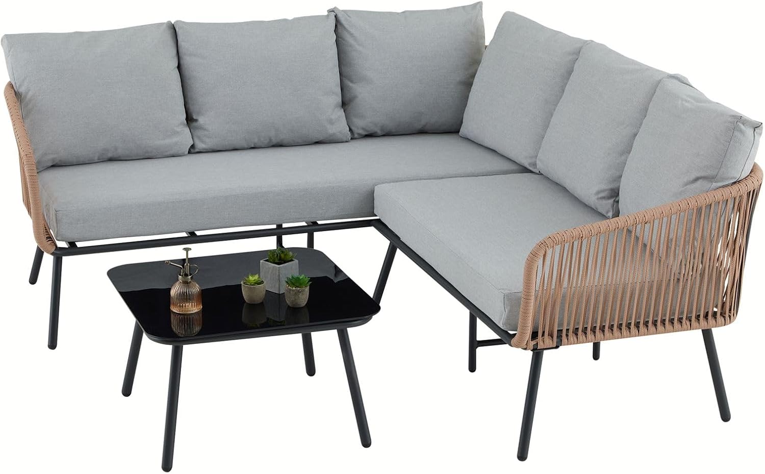 Gartenlounge JAKARTA, braun/grau - Outdoor Ecksofa mit Dreisitzer, Zweisitzer und Beistelltisch, robustes Metallgestell, wasserabweisende Kissen, für Terrasse und Balkon, L-förmige Sitzlandschaft