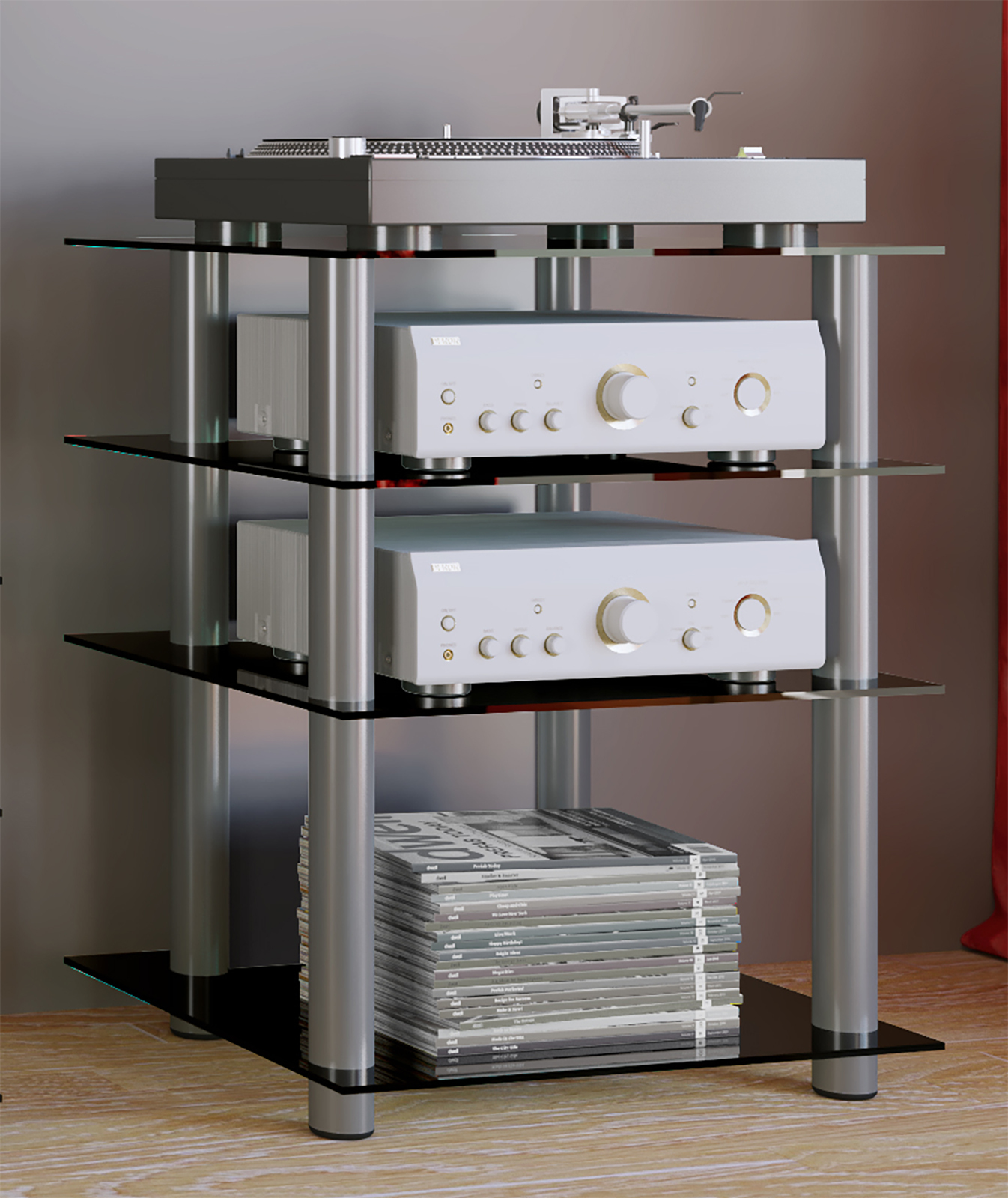 TV-Rack - silber-schwarz - 4 Glasböden - 59 cm breit