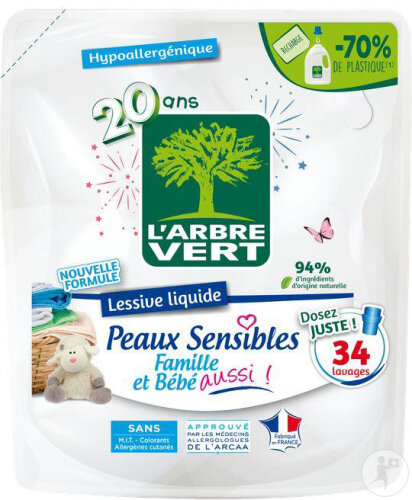 L'Arbre Vert Lessive Liquide Hypoallergénique Peaux Sensibles Recharge 34 Lavages 1,53l