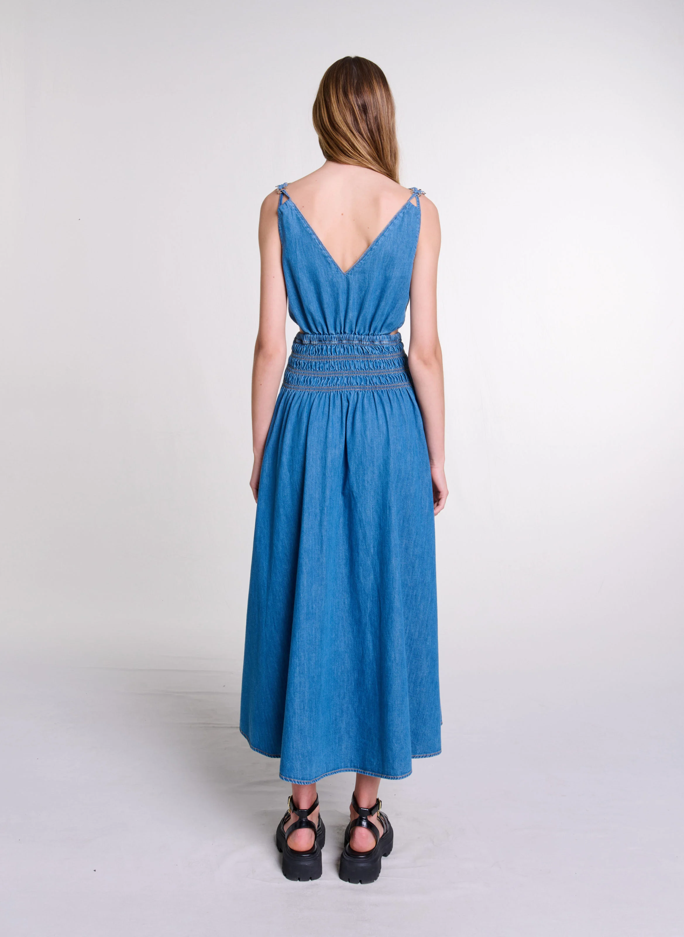 Robe longue ajourée en denim | Bleu