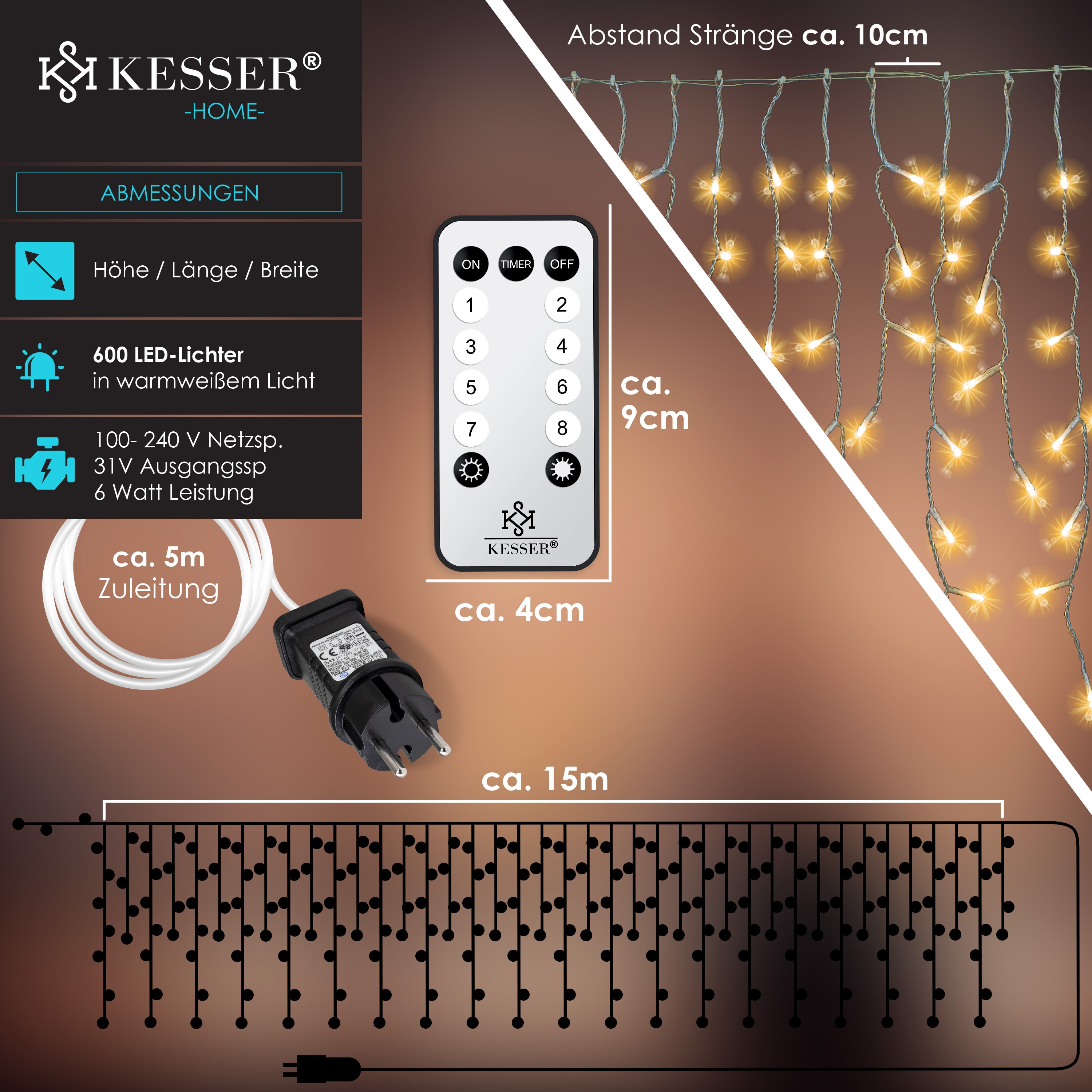KESSER® Regenlichterkette Lichterkette inkl Fernbedienung - 8 Leuchteffekte - Timer - In- & Outdoor Regenkette Deko Weihnachtsbeleuchtung Party